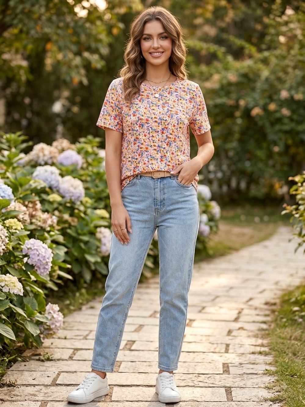 Lands' End Size L (14-16) Multicolor Ditsy Floral Cotton Short Sleeve Top